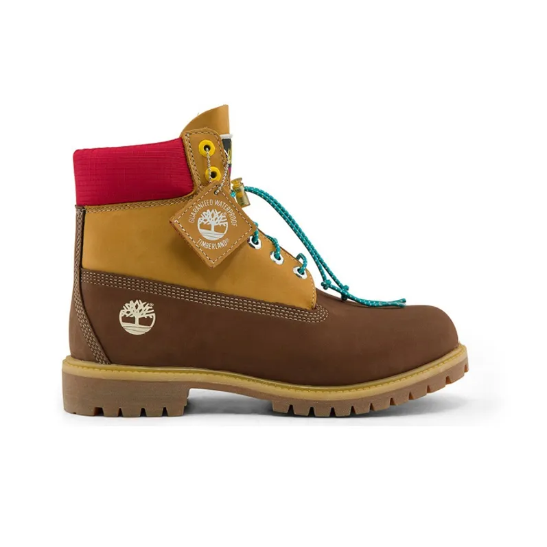 Timberland Premium 6 Inch Waterproof Wide Fit Boots 'Brown Nubuck With Yellow And Red Collar'-1