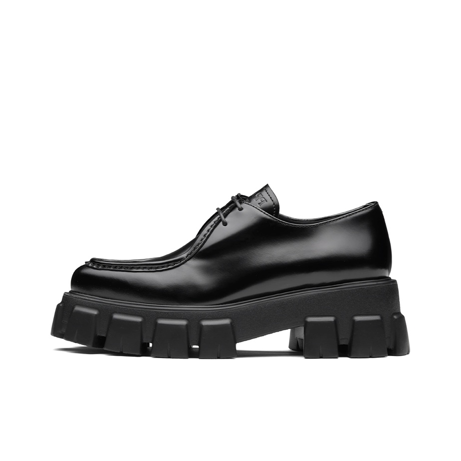 PRADA Monolith 55mm Pointy Lace Up Loafer Black Brushed