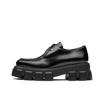 PRADA Monolith 55mm Pointy Lace Up Loafer Black Brushed Leather Women's