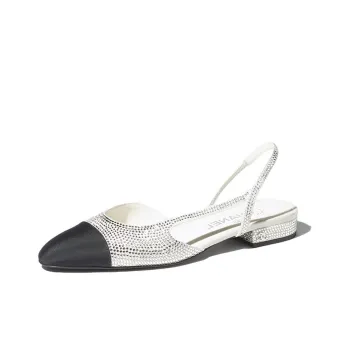 CHANEL Strass 20mm Slingbacks Silver Black Grosgrain Women's