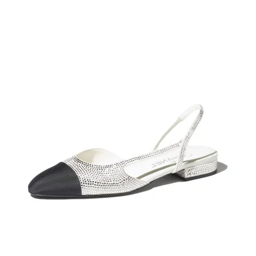 CHANEL Strass 20mm Slingbacks Silver Black Grosgrain