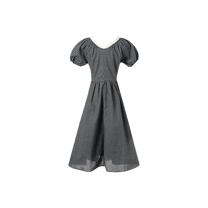 QYPRF Short Sleeved Dresses Women's Black Gray Plaid-1