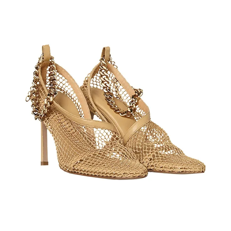 Bottega Veneta Chain Trimmed Mesh Sandals Beige Gold Women's-2