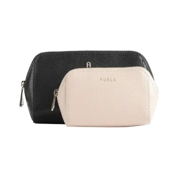 Furla Stamped Cow Double Leather Clutch Makeup Bag Medium Size Women's Black