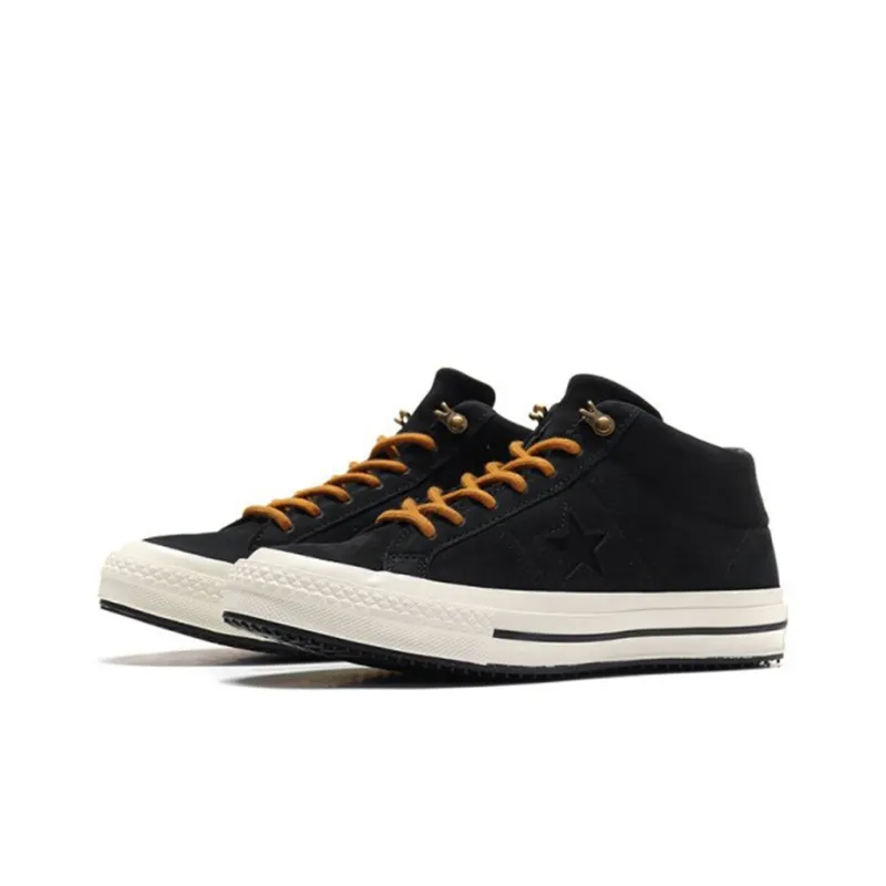 Converse One Star Anti Slip Wear Resistant Mid Top Canvas Shoes Unisex Black Yellow-2
