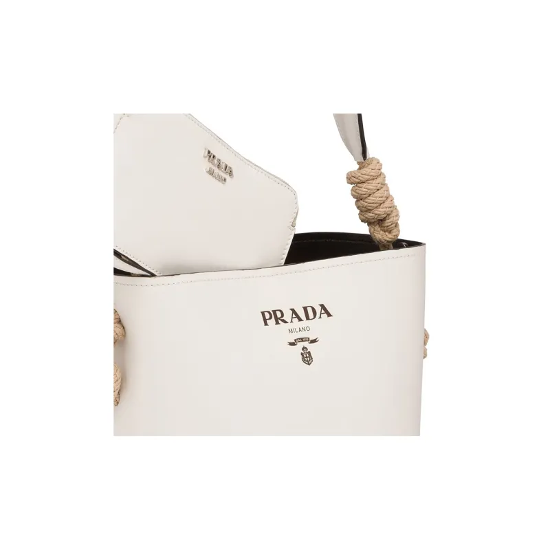 PRADA Cow Leather Bucket Bags One Shoulder Handbags Women's White-3