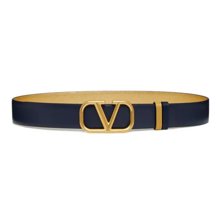 Valentino VLOGO SIGNATURE Collection Classic V Logo Smooth Buckle Calfskin Leather Belts Women's Blue Width  3CM-0