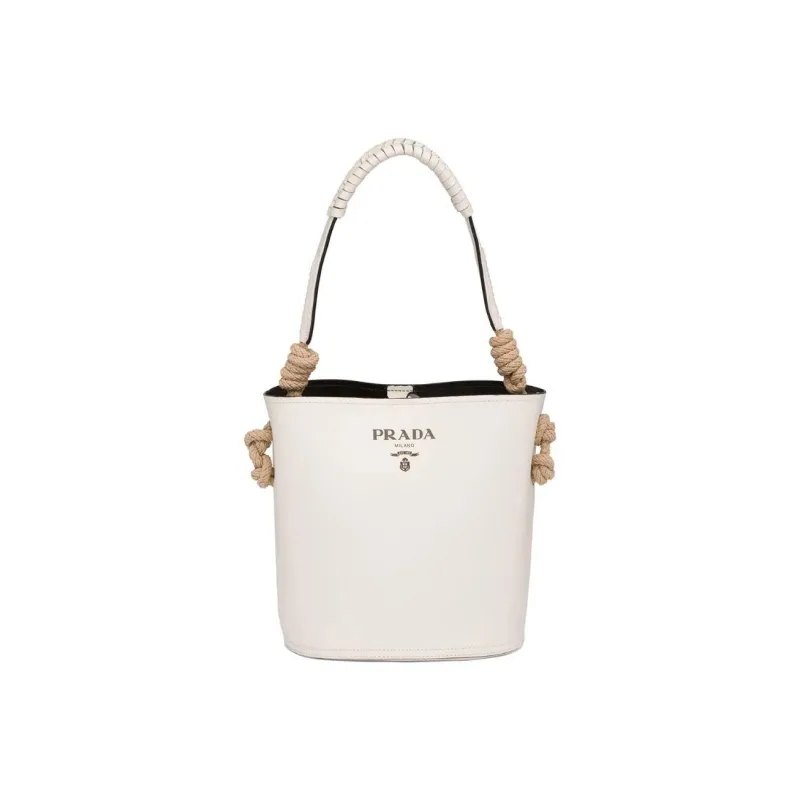 PRADA Cow Leather Bucket Bags One Shoulder Handbags Women's White-0