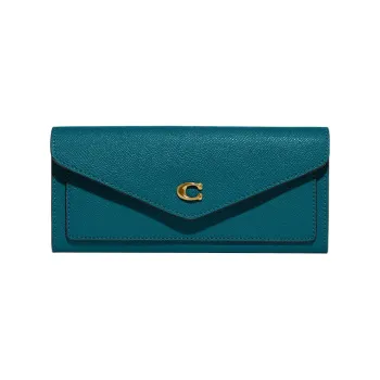 COACH Cross Grain Leather Clutch Card Holder, Wallet Women's Turquoise Dark Green