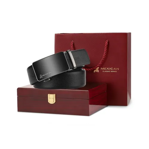MEXICAN Wooden Box Business Mirror Finish Automatic Buckle Cow Leather Belts Men's 3.5cm