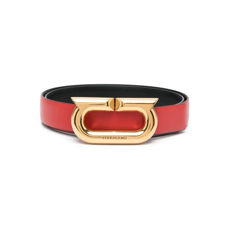 FERRAGAMO Letter Carved Smooth Buckle Leather Belts Women's Red-0