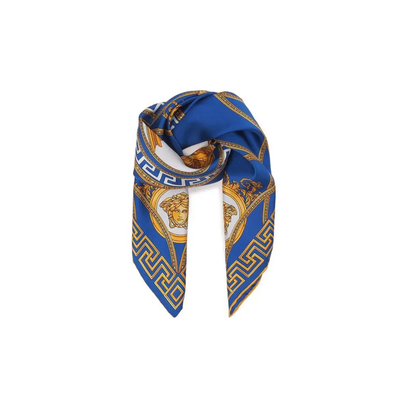 VERSACE Silk Scarves Unisex Sapphire Blue Gold-0