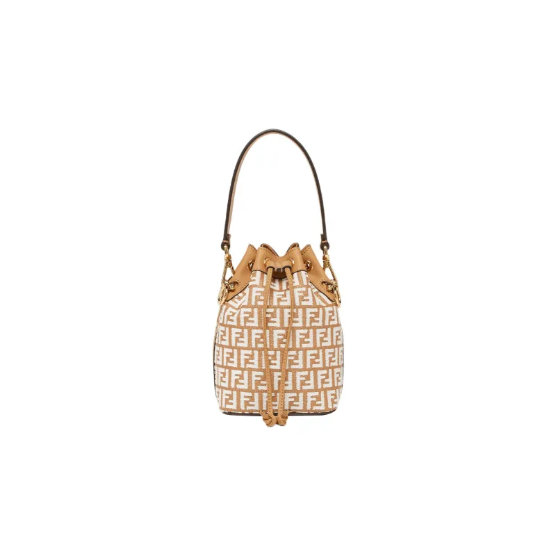 FENDI Mon Tresor Raffia Bucket Bag, Shoulder Bag, Crossbody Bag, Handbag Mini Women's Khaki/White-0