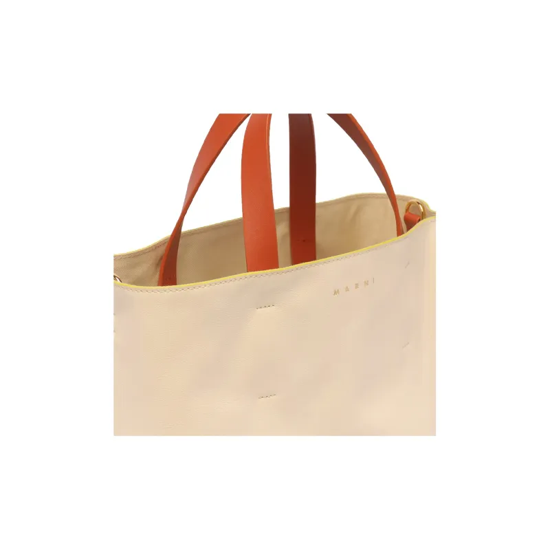 MARNI Museo Soft Calfskin Tote Bag, Shopping Bag, Handbag Trumpets Women's Beige/Green-5