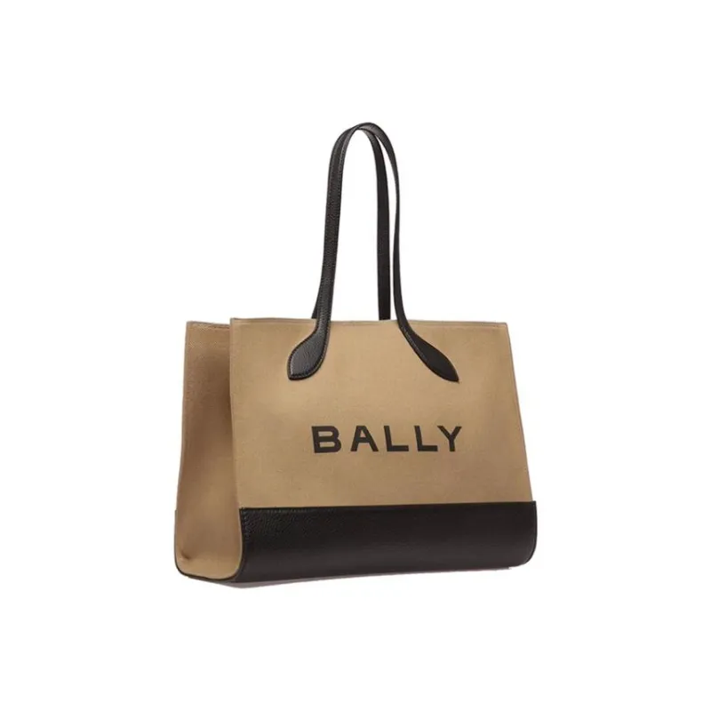 BALLY Fabric With Cow Leather Tote Bag, Shopping Bag, Shoulder Bag, Crossbody Bag, Handbag Tubas Women's Sand & Black-2