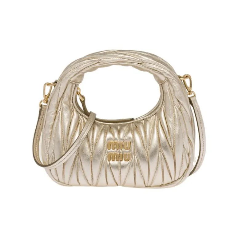 MIU MIU Matelassé Soft Sheep Leather Hobo Bag, Shoulder Bag, Crossbody Handbag Mini Women's Pyrite Color-0
