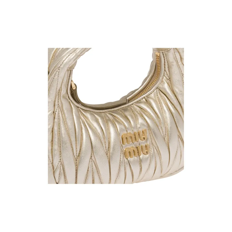 MIU MIU Matelassé Soft Sheep Leather Hobo Bag, Shoulder Bag, Crossbody Handbag Mini Women's Pyrite Color-3