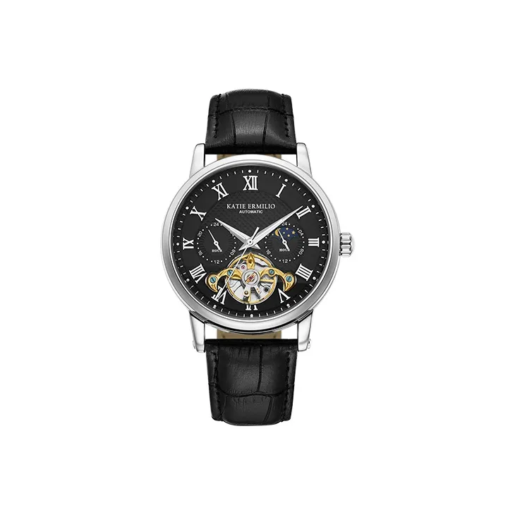 Katie Ermilio Wrist Watch Automatic Mechanical Movement Genuine Leather Strap White Dial Men's Watches-1