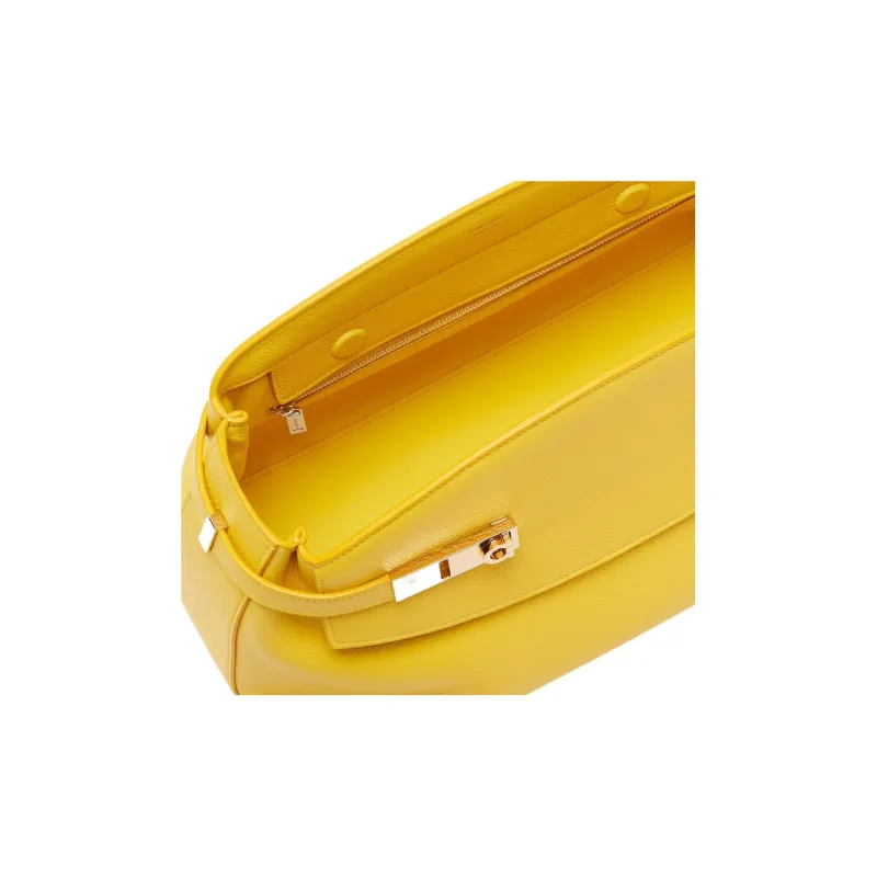 FERRAGAMO GANCINI Cow Leather Shoulder Bag Crossbody Bag Large Size Women's Light Yellow-4