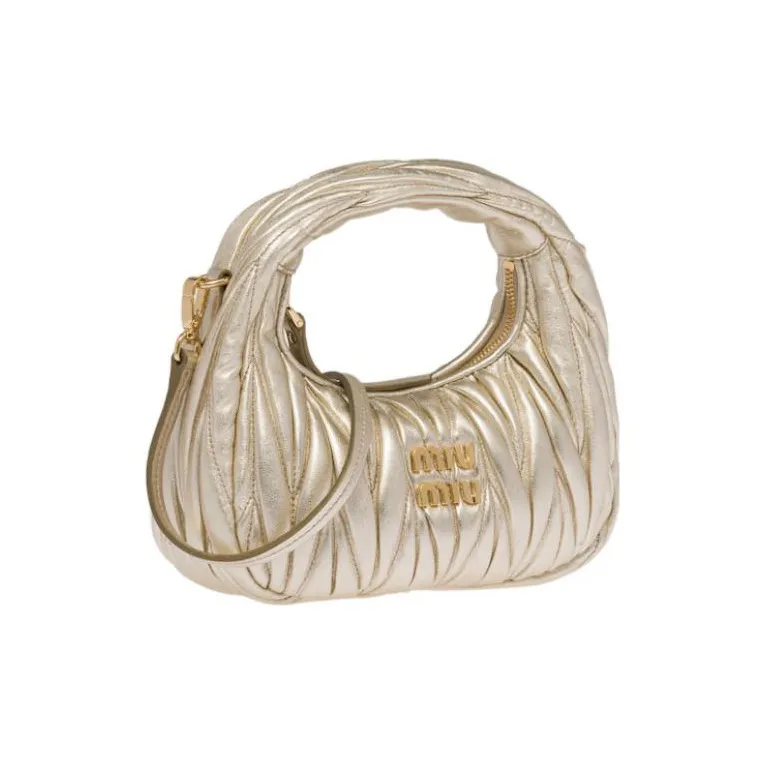 MIU MIU Matelassé Soft Sheep Leather Hobo Bag, Shoulder Bag, Crossbody Handbag Mini Women's Pyrite Color-1