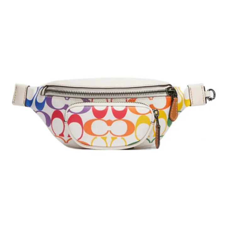 COACH Sprint Coated Canvas With Smooth Calfskin Crossbody Bag Sling Bag Fanny Pack Medium Size Men's White & Rainbow-1