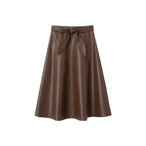 OUNIXUE Leather Long Skirts Women's Brown