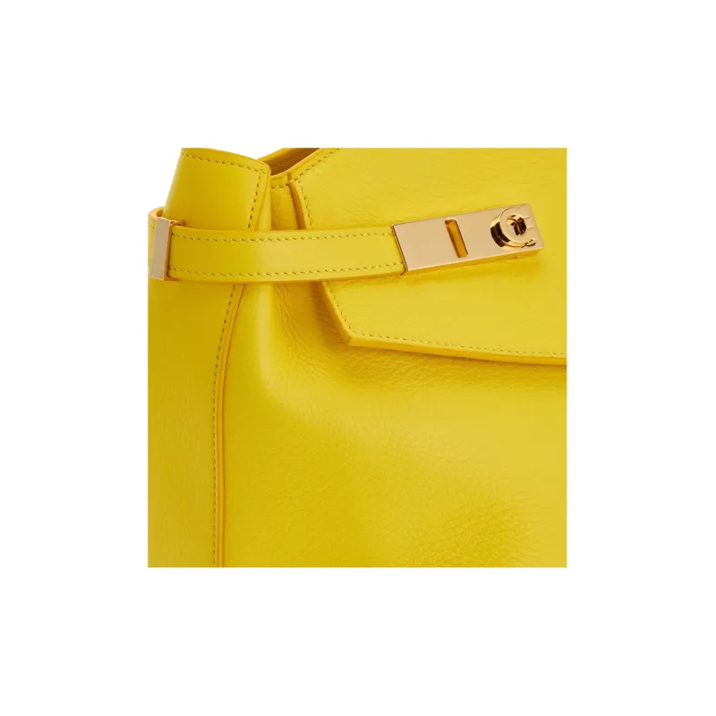 FERRAGAMO GANCINI Cow Leather Shoulder Bag Crossbody Bag Large Size Women's Light Yellow-3