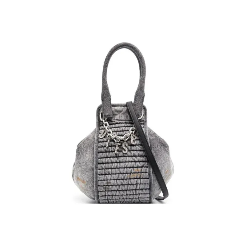 DIESEL Cotton With Calfskin Shoulder Bag Crossbody Bag Handbag Small Size Women's Black-3