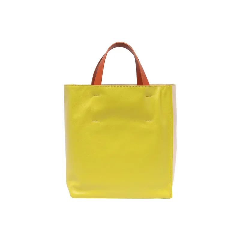 MARNI Museo Soft Calfskin Tote Bag, Shopping Bag, Handbag Trumpets Women's Beige/Green-3