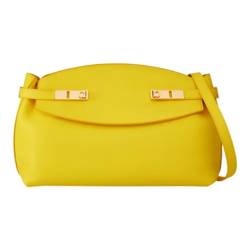 FERRAGAMO GANCINI Cow Leather Shoulder Bag Crossbody Bag Large Size Women's Light Yellow