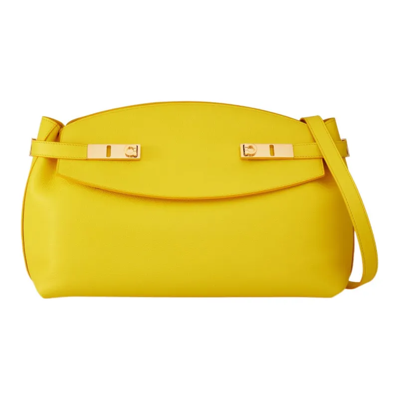 FERRAGAMO GANCINI Cow Leather Shoulder Bag Crossbody Bag Large Size Women's Light Yellow-0