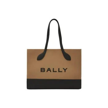 BALLY Fabric With Cow Leather Tote Bag Shopping Bag Shoulder Bag Crossbody Bag Handbag Large Size Women's Sand & Black