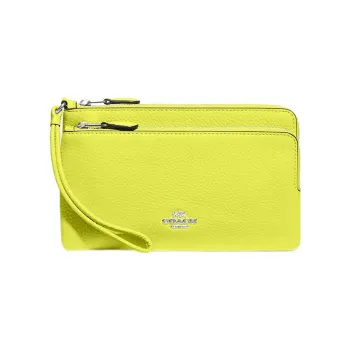 COACH Double Zip Wallet Pebbled Leather Coin Purses Wallets Small Size Women's Lemon Yellow