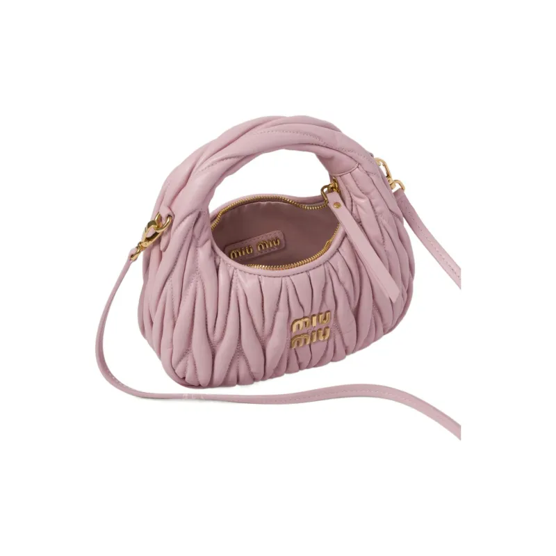 MIU MIU Matelassé Soft Sheep Leather Hobo Bag, Shoulder Bag, Crossbody Handbag Mini Women's Snow Pink-4