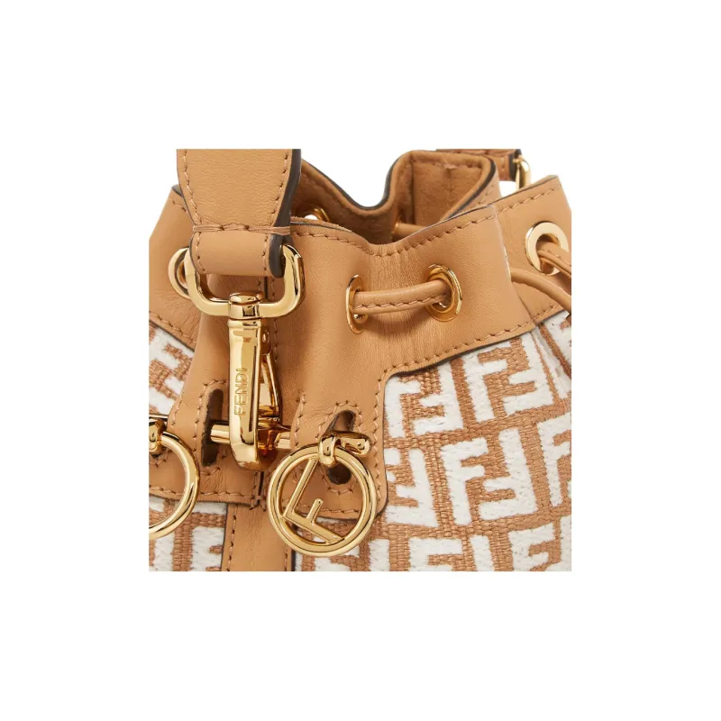 FENDI Mon Tresor Raffia Bucket Bag, Shoulder Bag, Crossbody Bag, Handbag Mini Women's Khaki/White-4