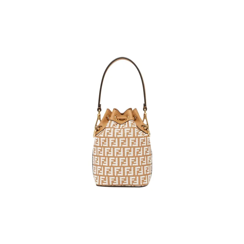 FENDI Mon Tresor Raffia Bucket Bag, Shoulder Bag, Crossbody Bag, Handbag Mini Women's Khaki/White-2