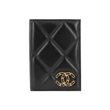 CHANEL Sheepskin Passport Holder Card Holder Coin Purse Wallet Regular Women's Black