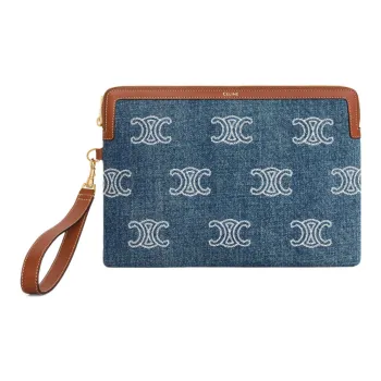 CELINE Triomphe Calfskin Denim Clutch Small Size Women's Marine Blue/Tan
