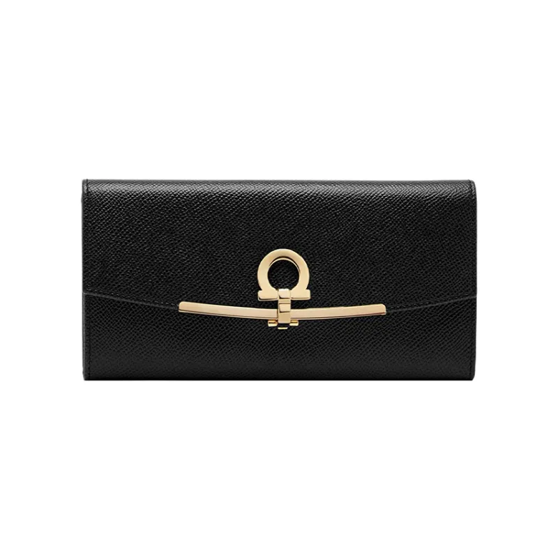 FERRAGAMO Stamped Calfskin Wallet Women's Black-0