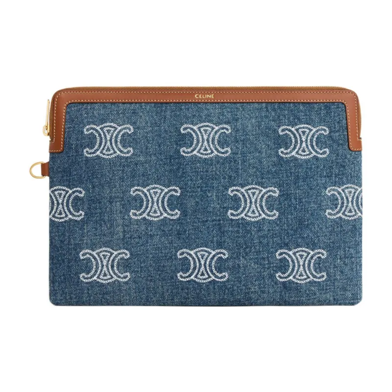 CELINE Triomphe Calfskin Denim Clutch Small Size Women's Marine Blue/Tan-1