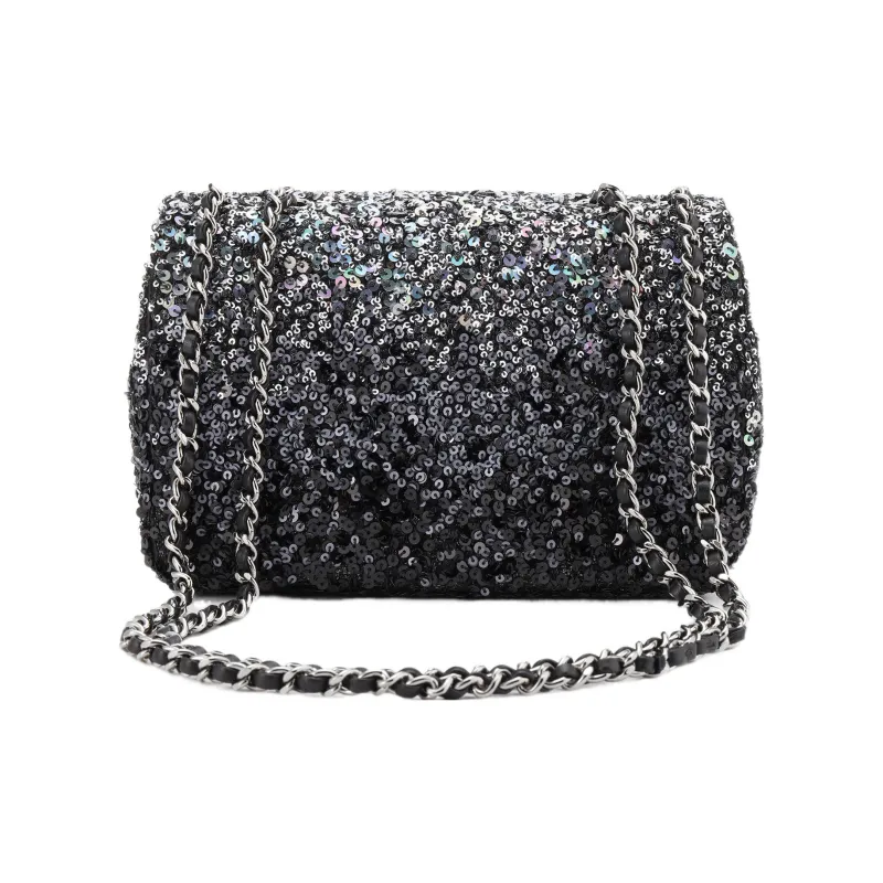 CHANEL Classic Flap CF Leather With Sequins Flap Bag, Crossbody Bag, Shoulder Bag Women's Black Sequins-2