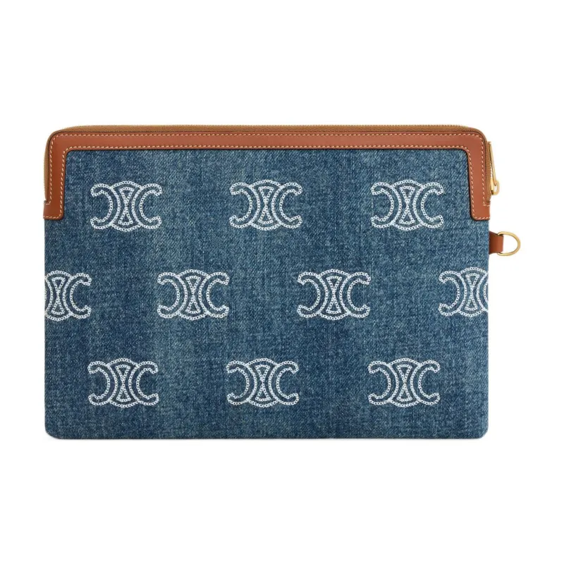 CELINE Triomphe Calfskin Denim Clutch Small Size Women's Marine Blue/Tan-3