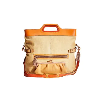 COACH Foldover Straw Leather Tote Bag, Shopping Bag, Handbag, Shoulder Bag Large Size Women's Straw Yellow
