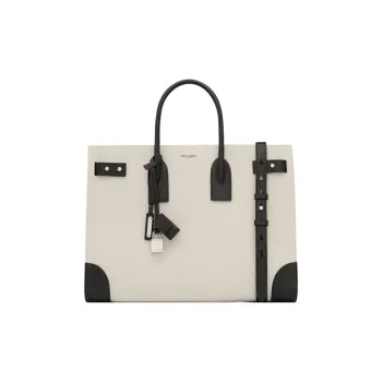 SAINT LAURENT Cotton With Calfskin Tote Bag, Shopping Bag, Handbag Large Size Men's Natural & Black