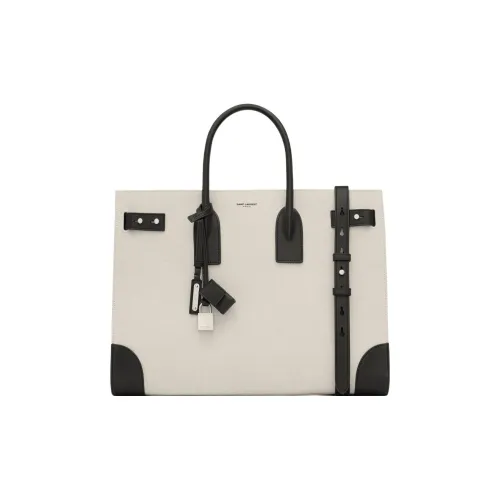 SAINT LAURENT Cotton With Calfskin Tote Bag, Shopping Bag, Handbag Large Size Men's Natural & Black
