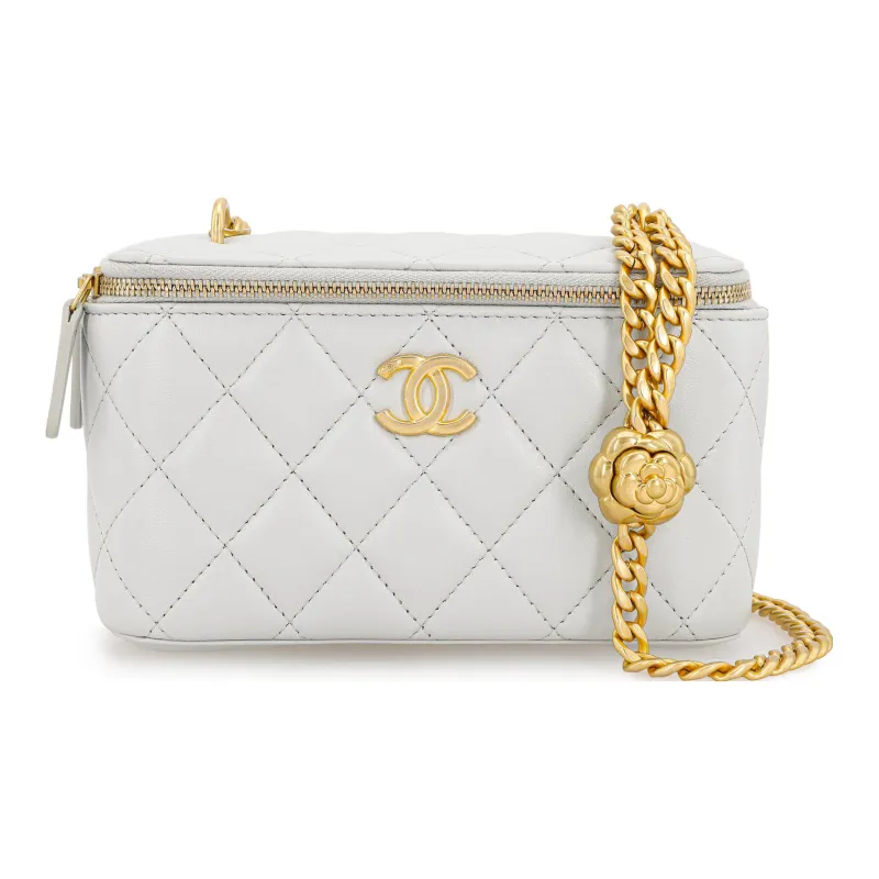 CHANEL Sheepskin Shoulder Bag, Crossbody Bag Medium Size Women's Light Gray Blue-0
