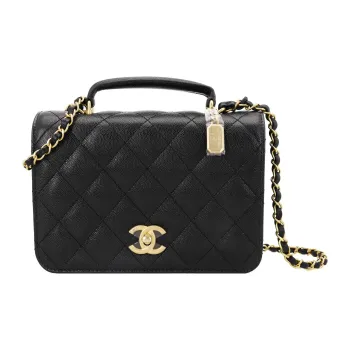 CHANEL Litchi Grain Cow Leather Shoulder Bag Regular Women's Black