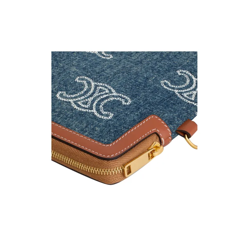 CELINE Triomphe Calfskin Denim Clutch Small Size Women's Marine Blue/Tan-4