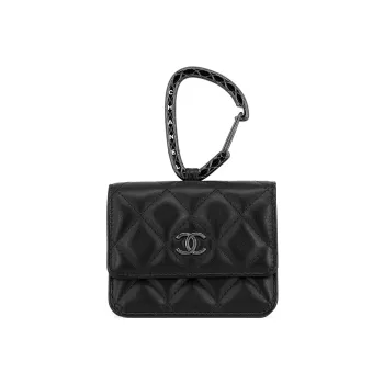 CHANEL Sheepskin Card Holder, Coin Purse Women's Black