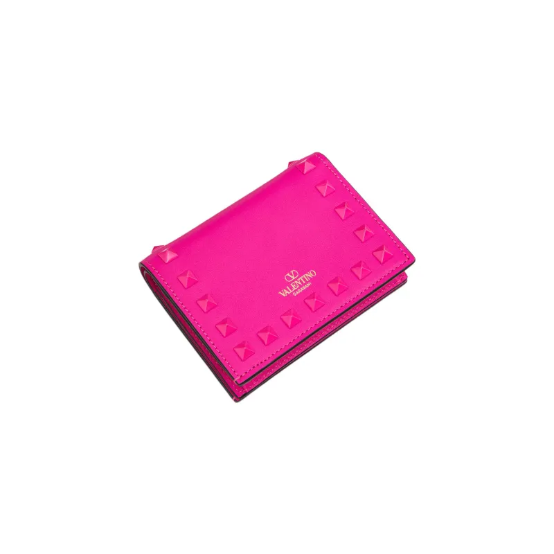 Valentino Rockstud Grained Calfskin Wallet Clutch Small Size Women's Pink-2
